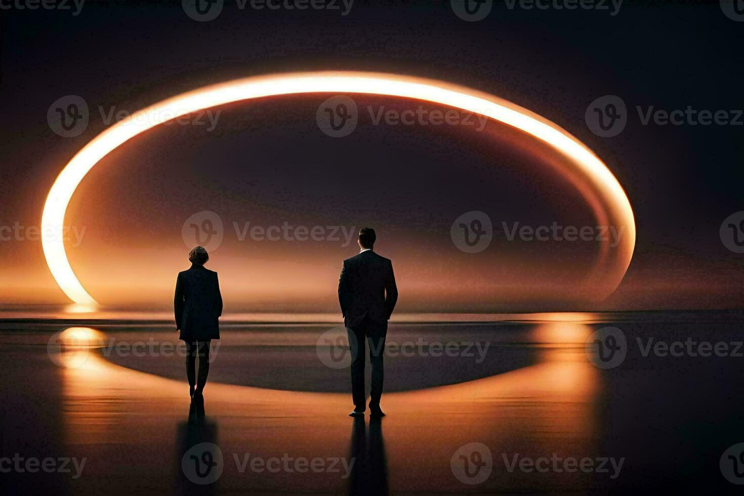 two people stand in front of an eclipse. AI-Generated photo