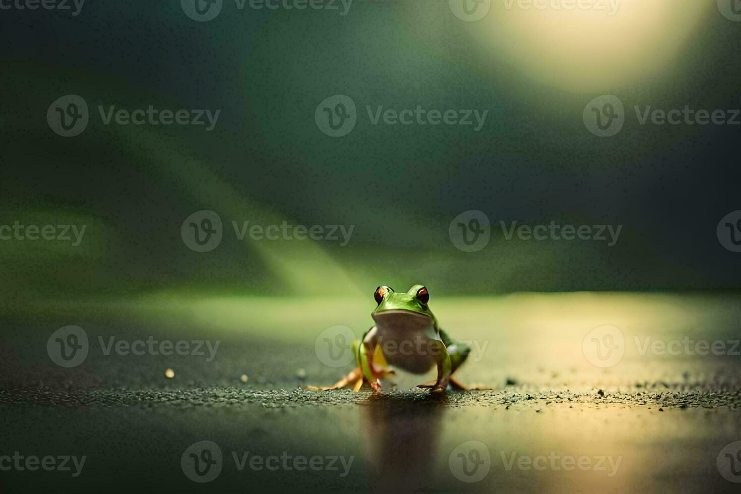 a frog sitting on the ground in the dark. AI-Generated photo