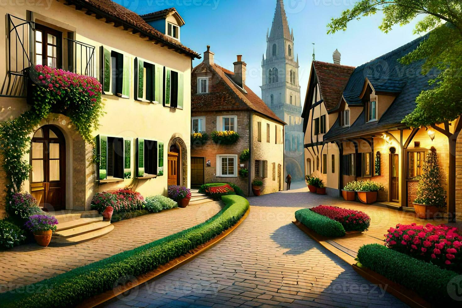a street in a european town with flowers and buildings. AI-Generated photo