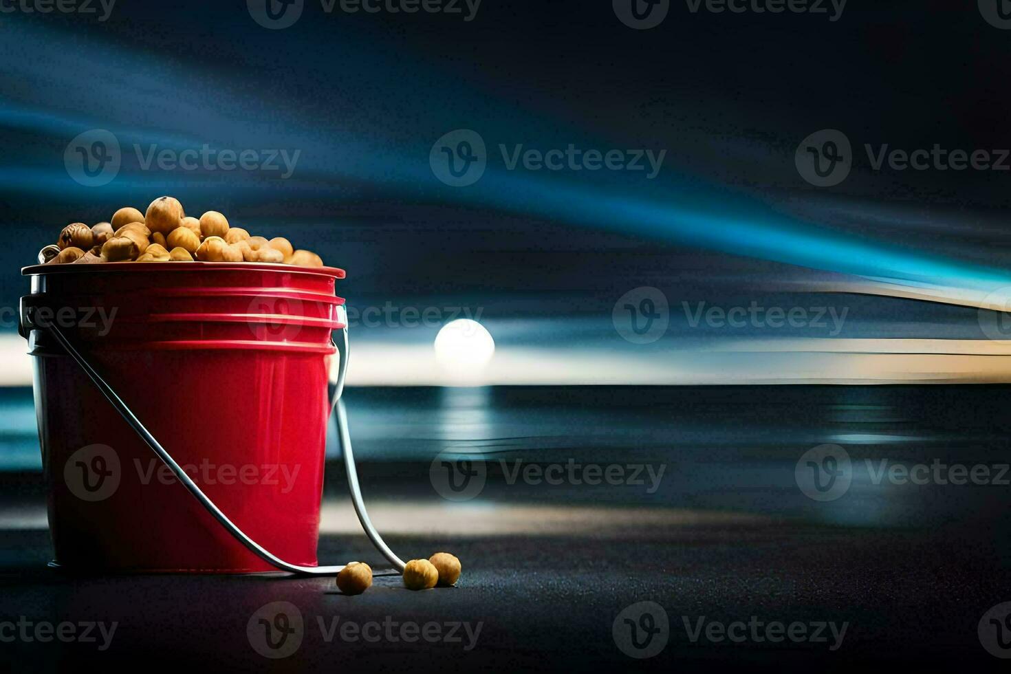a bucket of peanuts sitting on a table in front of the ocean. AI-Generated photo