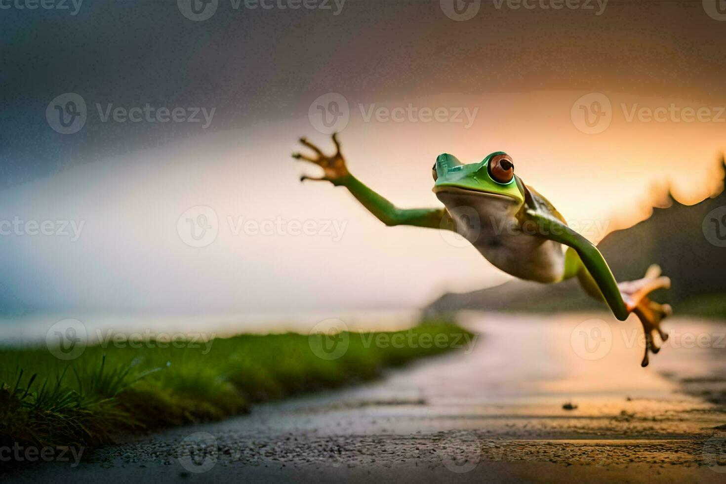 a frog jumping in the air at sunset. AI-Generated photo