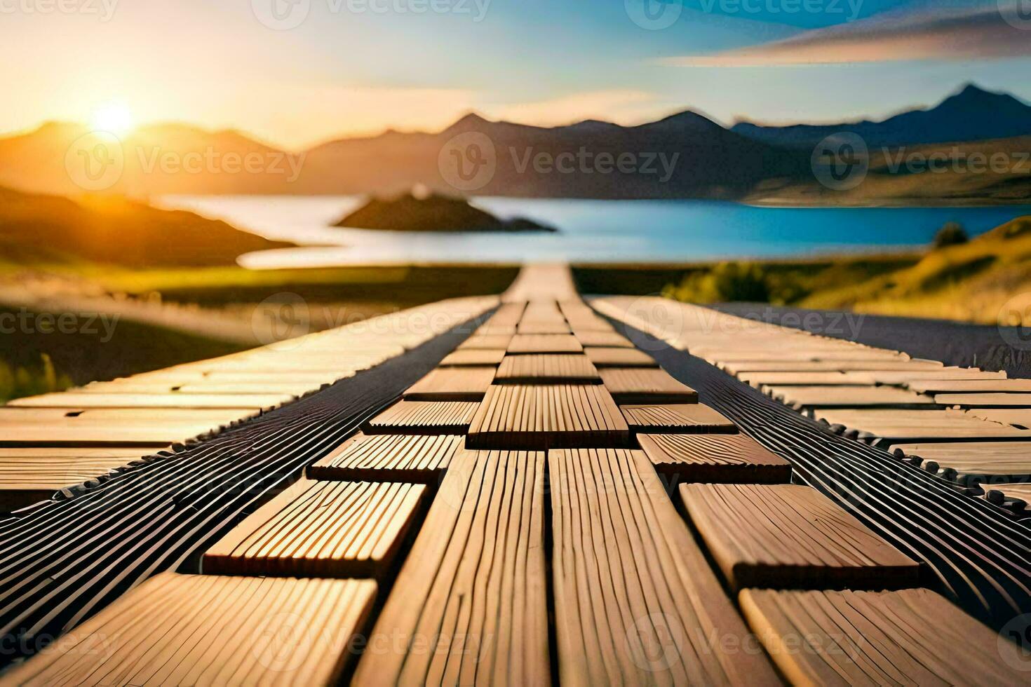 a wooden walkway leads to the sun. AI-Generated photo