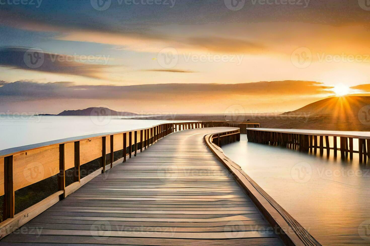 a wooden bridge over the ocean at sunset. AI-Generated photo