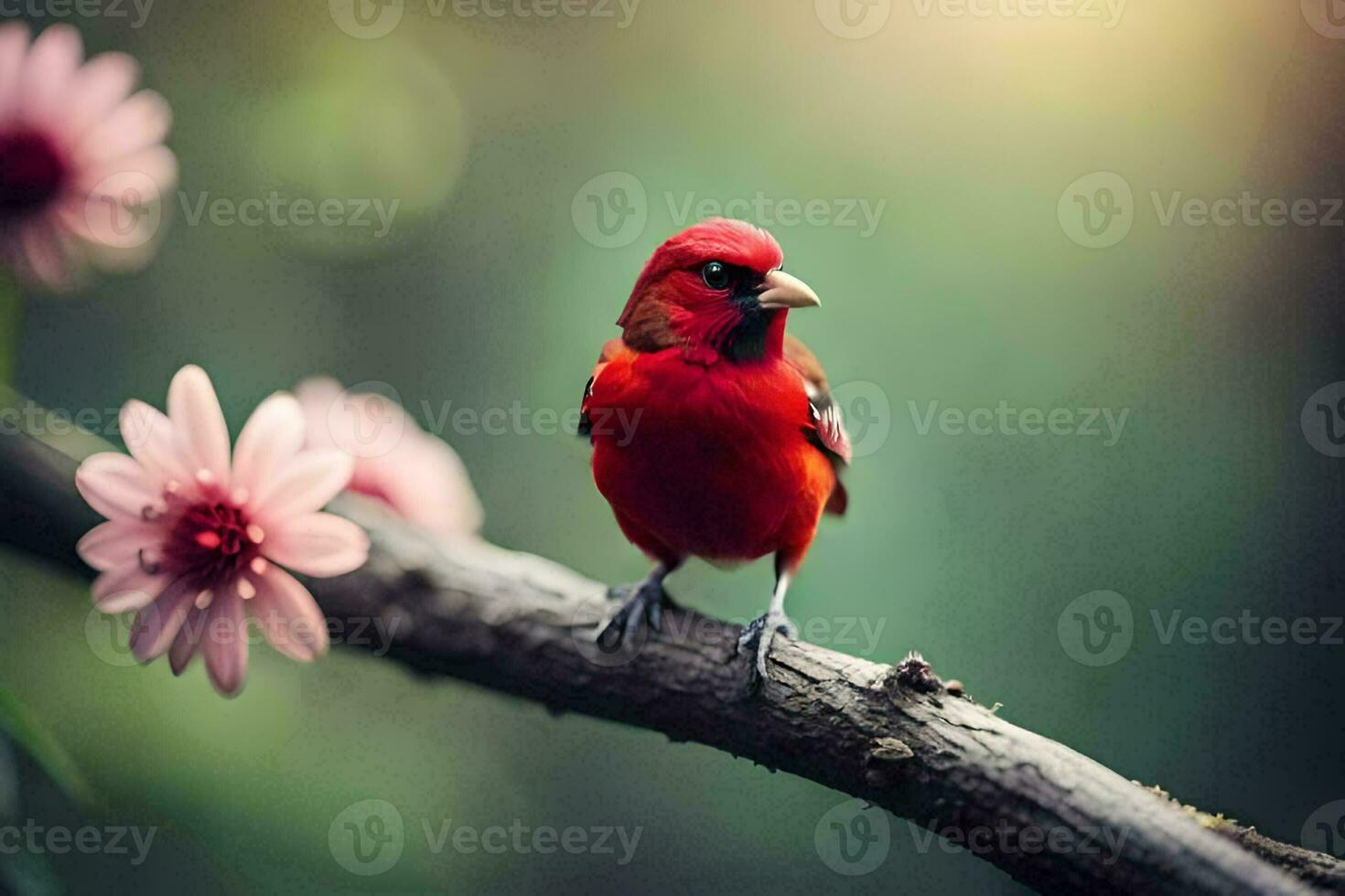 a red bird is perched on a branch with pink flowers. AI-Generated photo