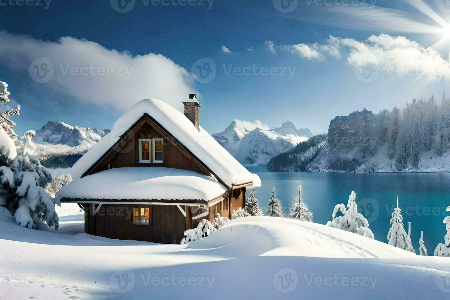 a cabin in the snow with a lake in the background. AI-Generated photo