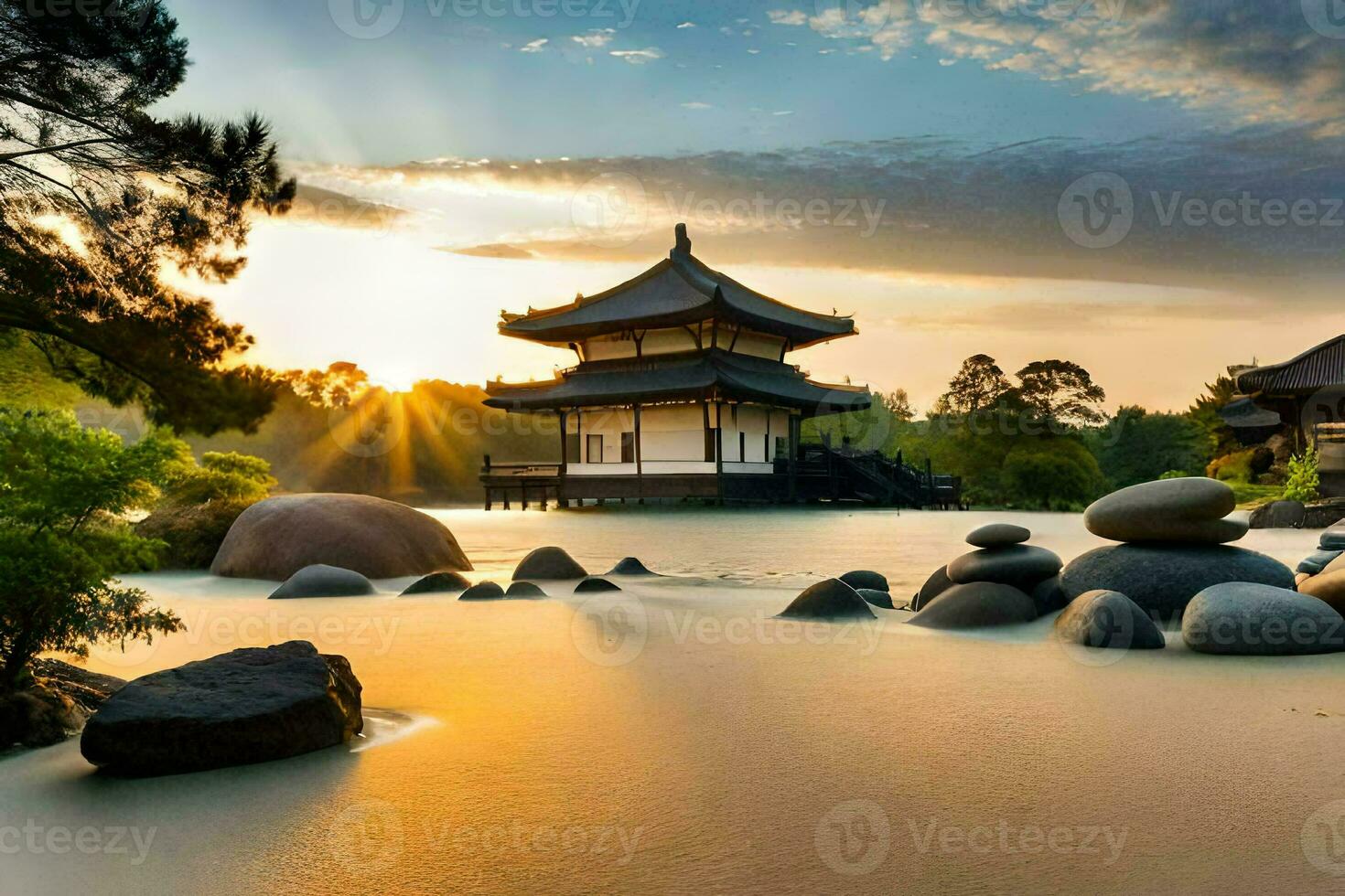 the japanese temple in the sunset. AI-Generated photo