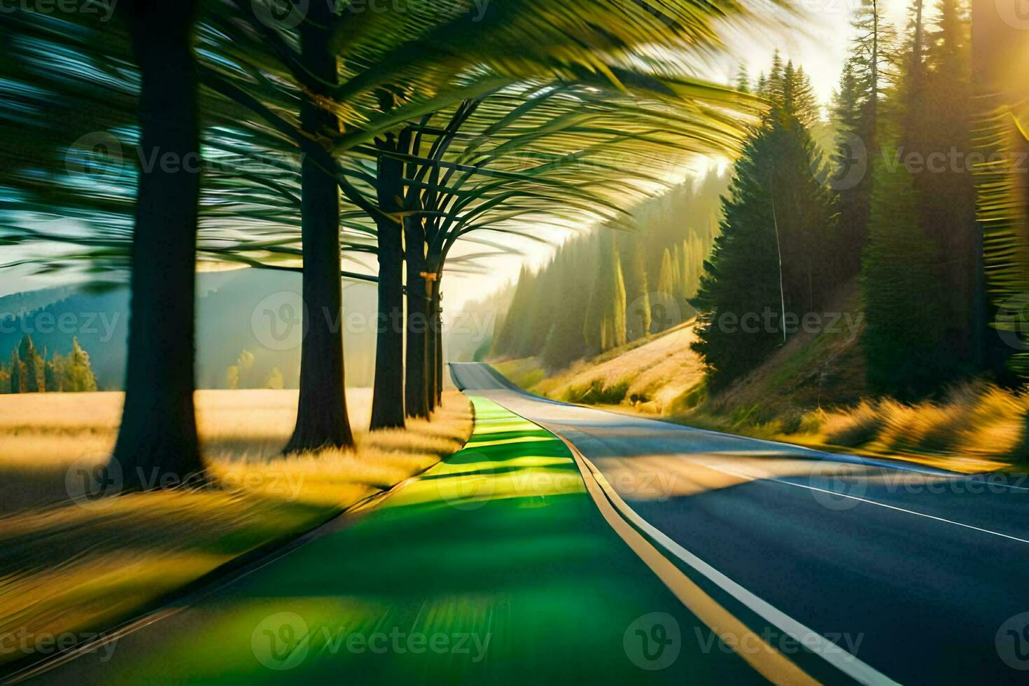 a road with trees and a green line. AI-Generated photo