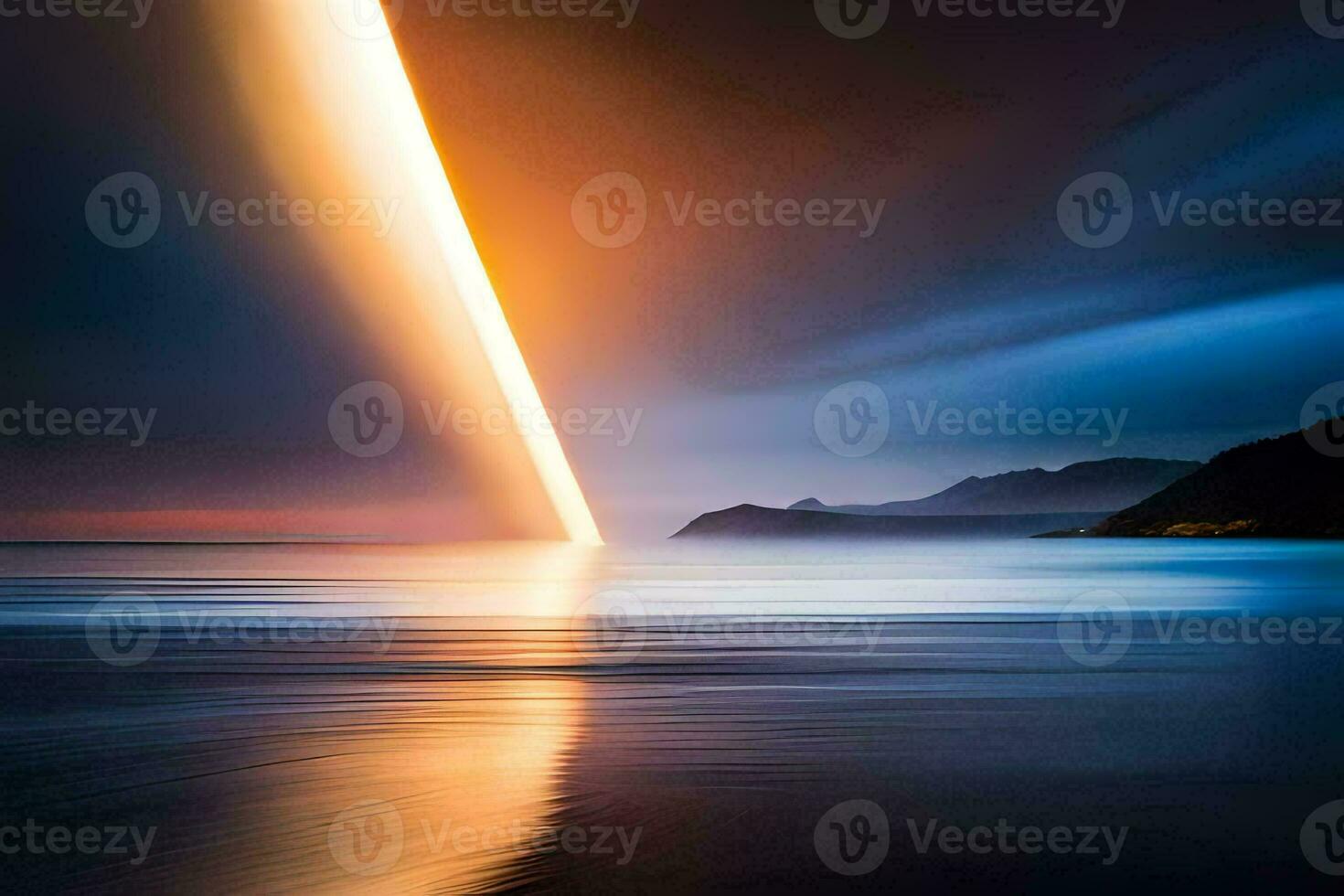 a long exposure photograph of a light beam coming out of the water. AI-Generated photo