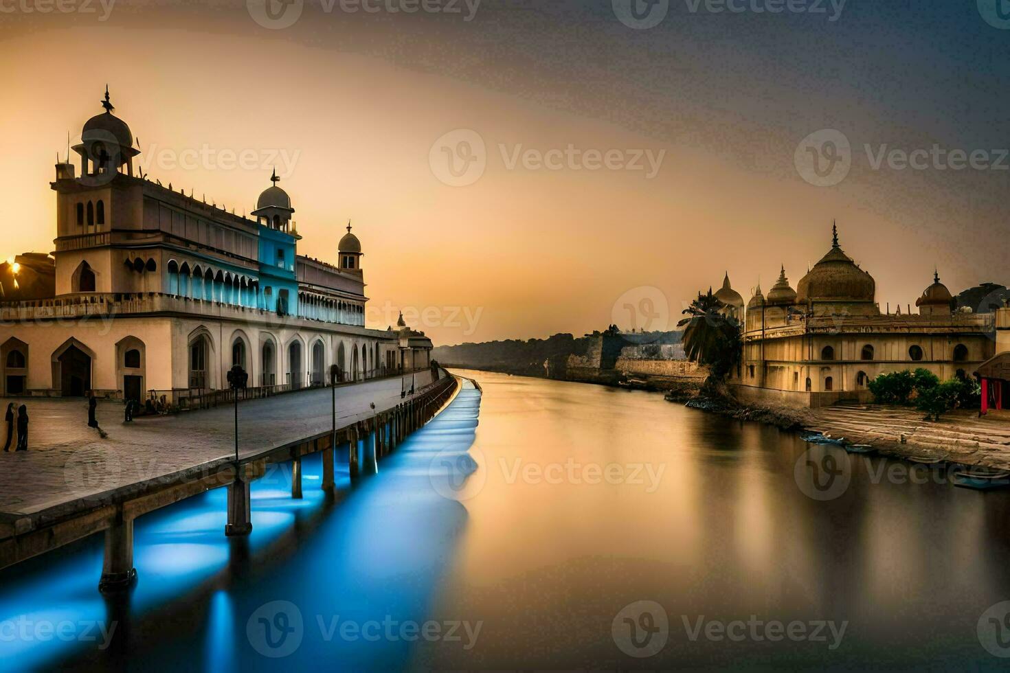 the sun is setting over a river in india. AI-Generated photo