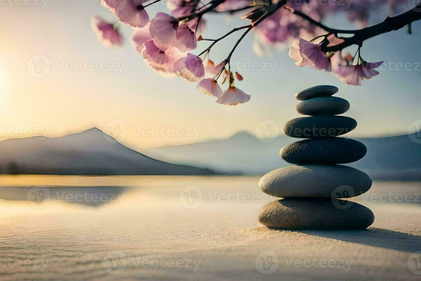 un apilar de piedras y un Cereza florecer en el arena. generado por ai foto