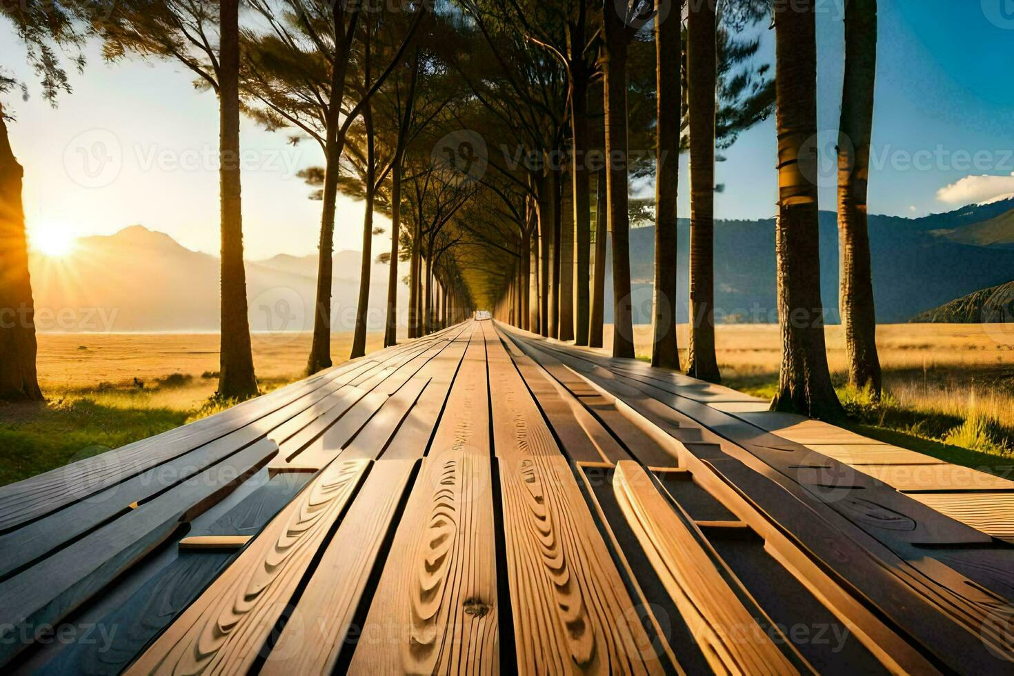 a long wooden walkway with trees in the background. AI-Generated photo