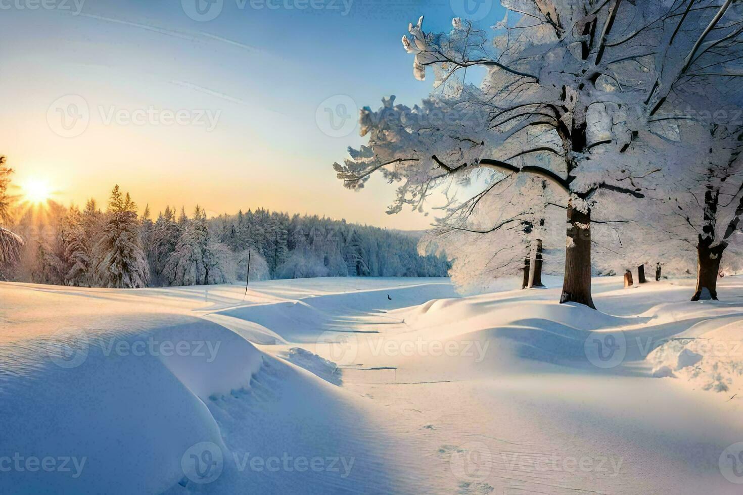 a snowy landscape with trees and the sun setting. AI-Generated photo