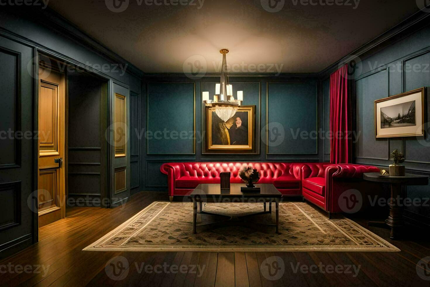 a red couch sits in a room with blue walls. AI-Generated photo