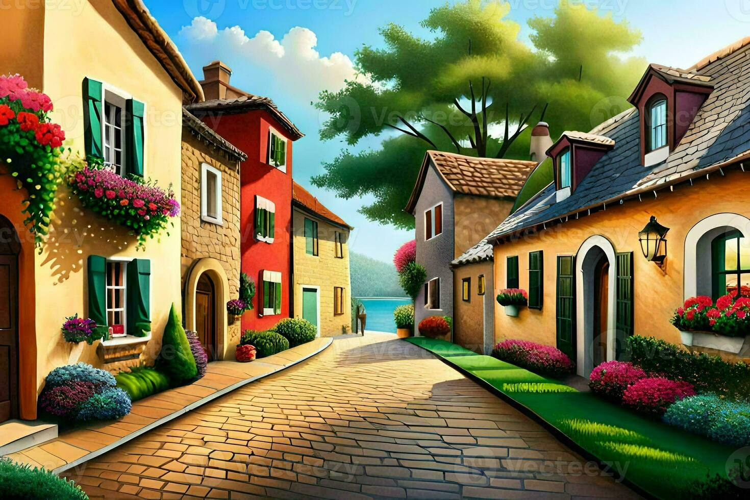 a painting of a street with houses and flowers. AI-Generated photo