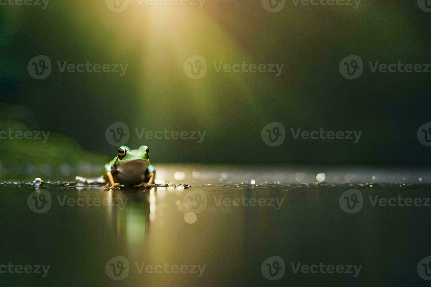 a frog sitting on the water with sunlight shining through. AI-Generated photo