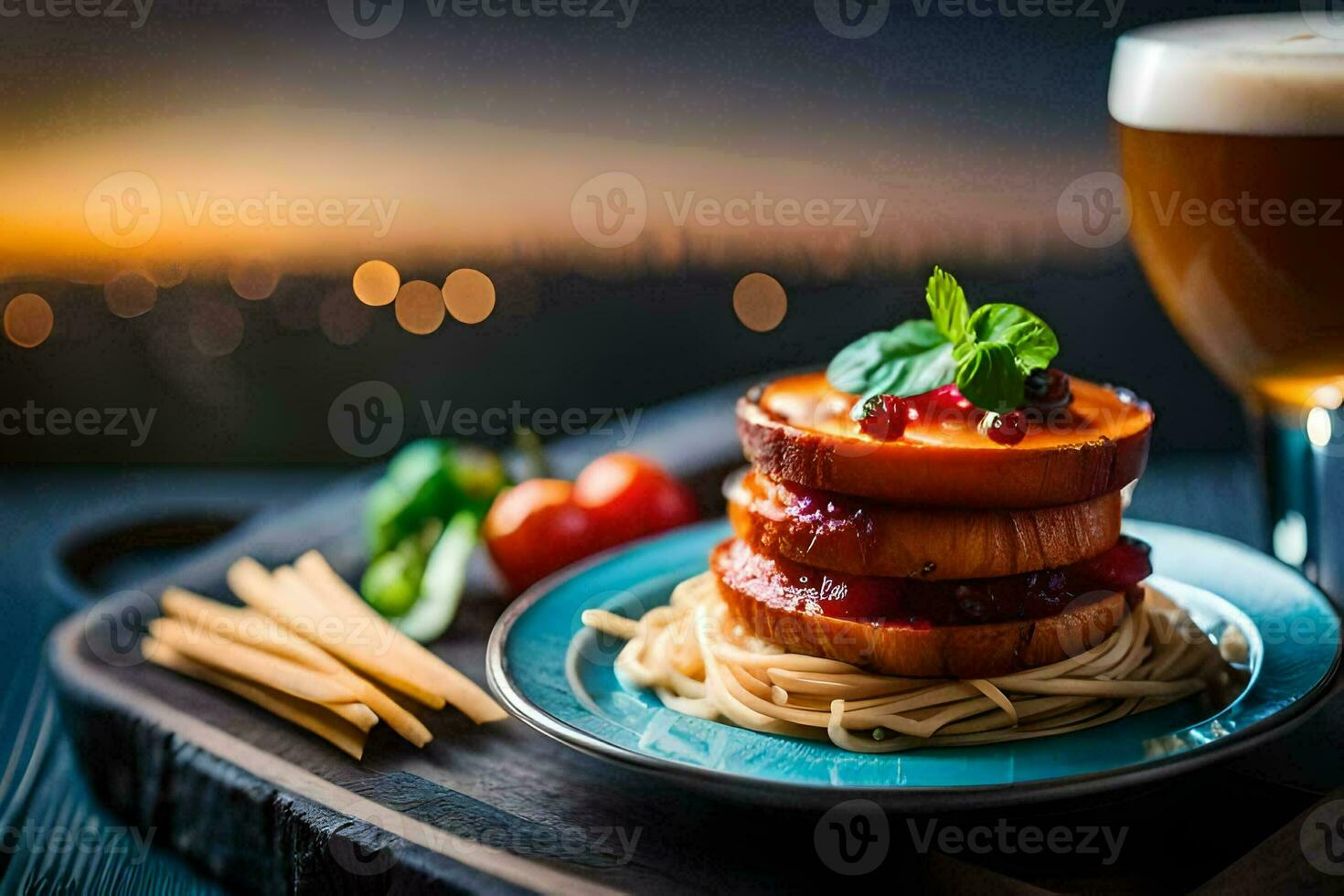 a plate of food with spaghetti and tomato slices. AI-Generated photo