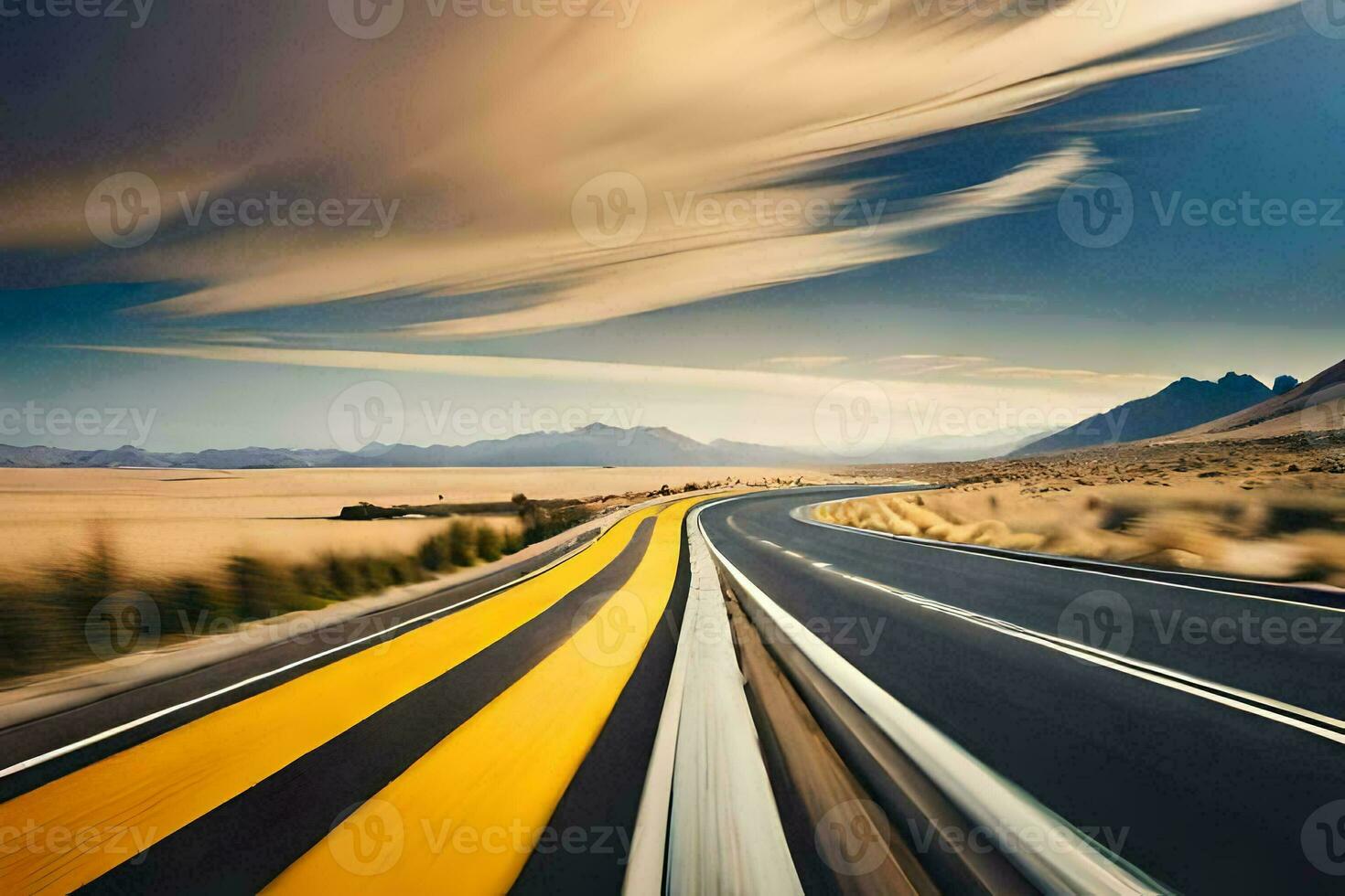 un largo, vacío la carretera con amarillo líneas. generado por ai foto