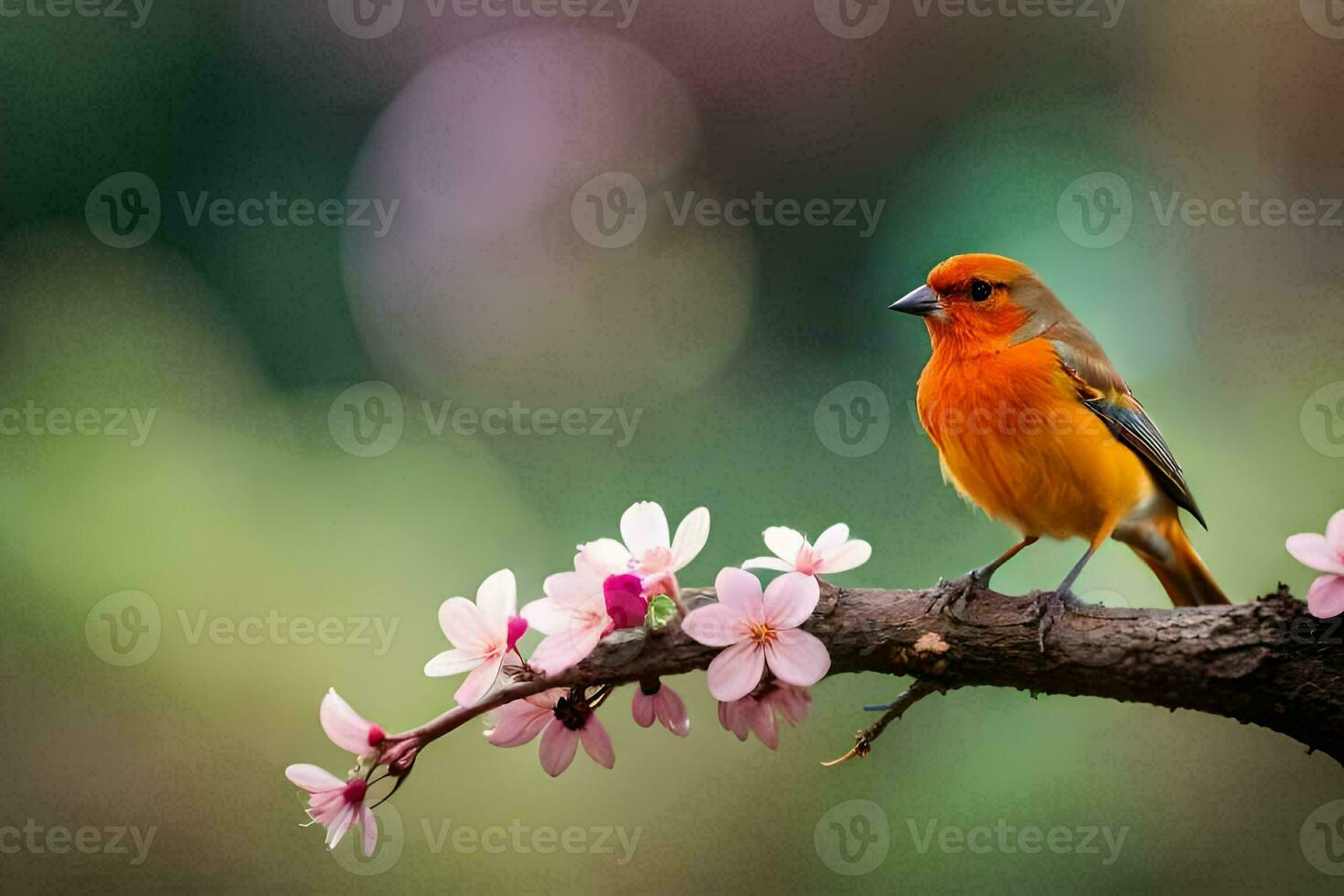 a small orange bird is perched on a branch with pink flowers. AI-Generated photo