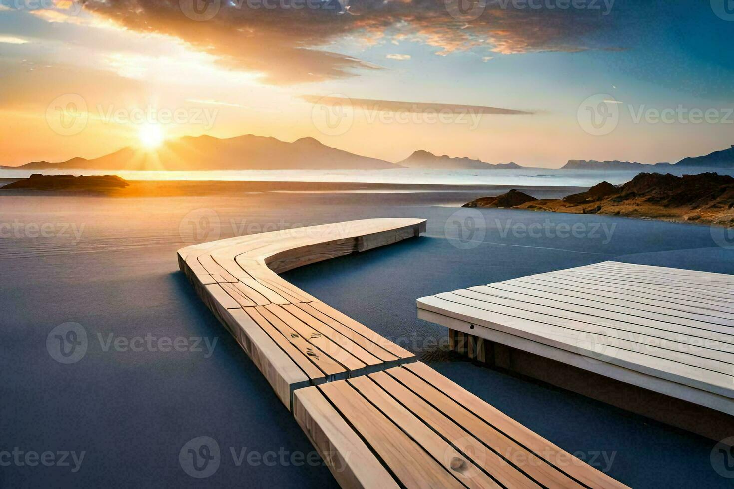 a wooden boardwalk leads to the beach at sunset. AI-Generated photo