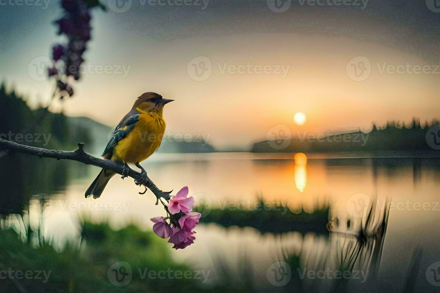 a bird sits on a branch near a lake at sunset. AI-Generated photo