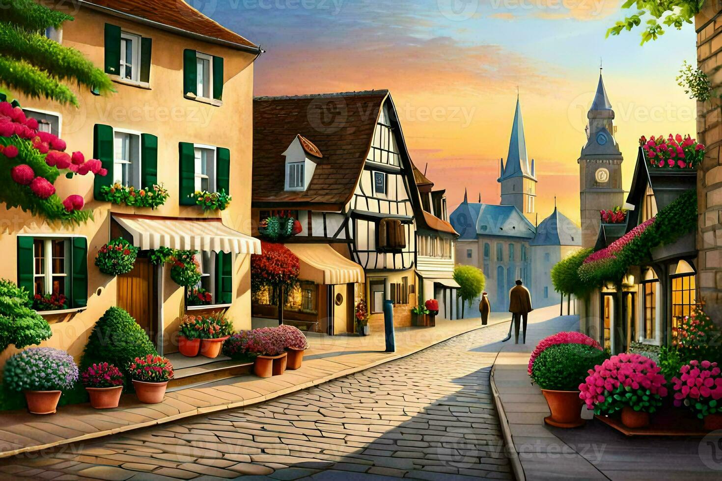 a painting of a street scene with flowers and buildings. AI-Generated photo
