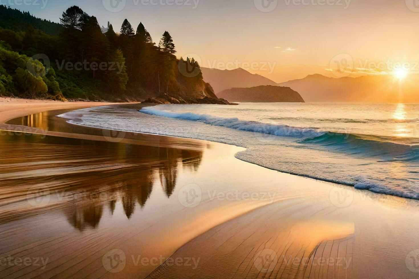 the sun sets over a beach and mountains. AI-Generated photo