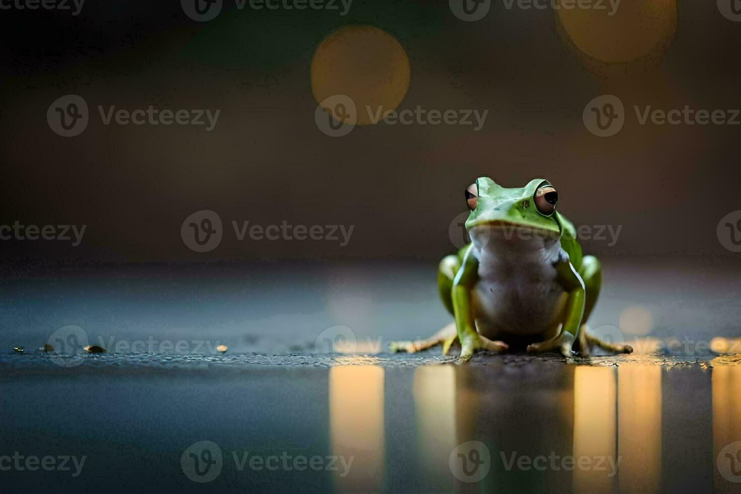 a frog sitting on the ground in the dark. AI-Generated photo