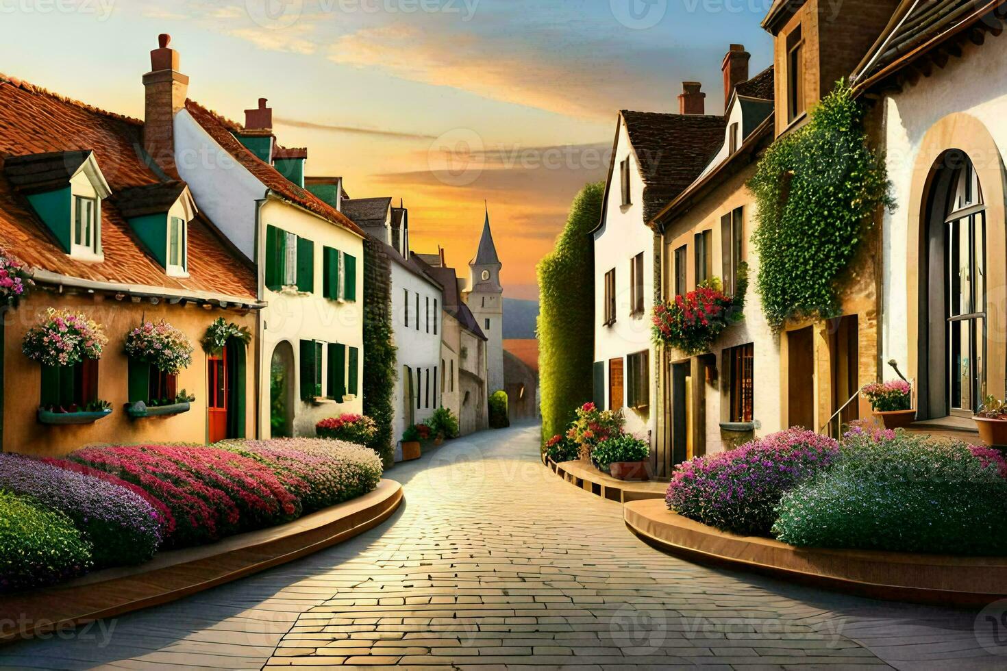 a street in a european village with flowers and buildings. AI-Generated photo