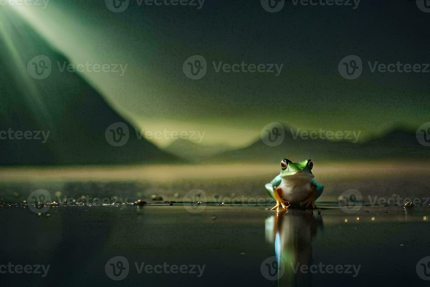 a frog sitting on the ground in the dark. AI-Generated photo