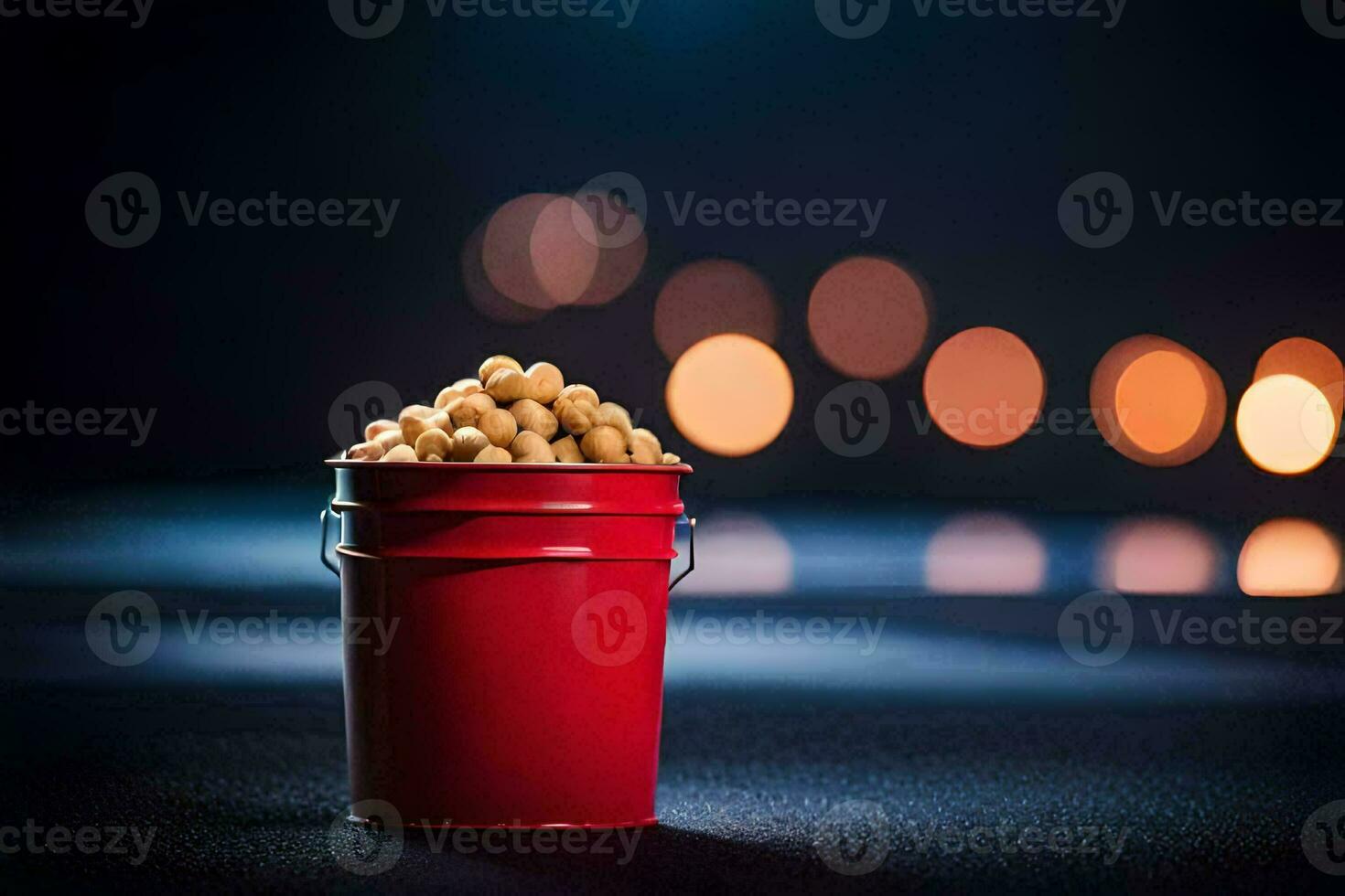 a bucket filled with peanuts on a dark background. AI-Generated photo