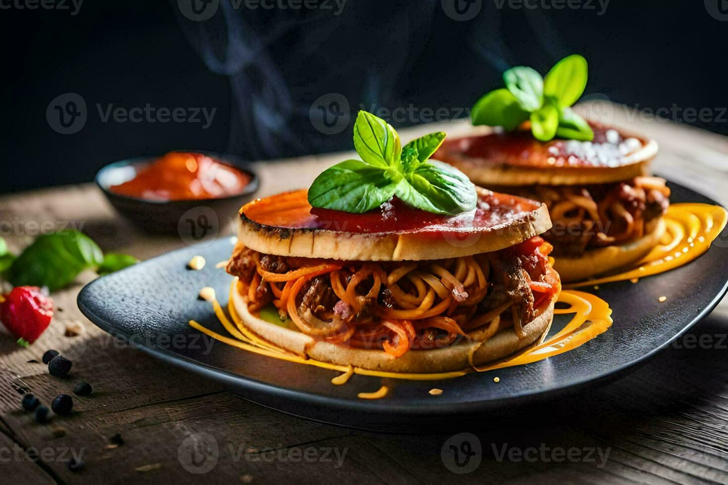 two spaghetti sandwiches on a plate with sauce and basil. AI-Generated photo