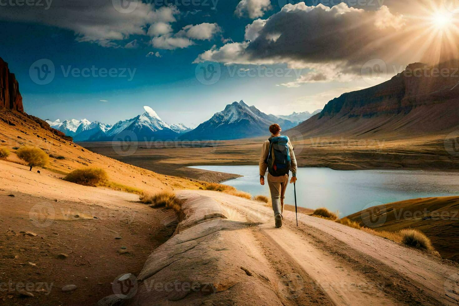 a man walks on a road in the mountains. AI-Generated photo