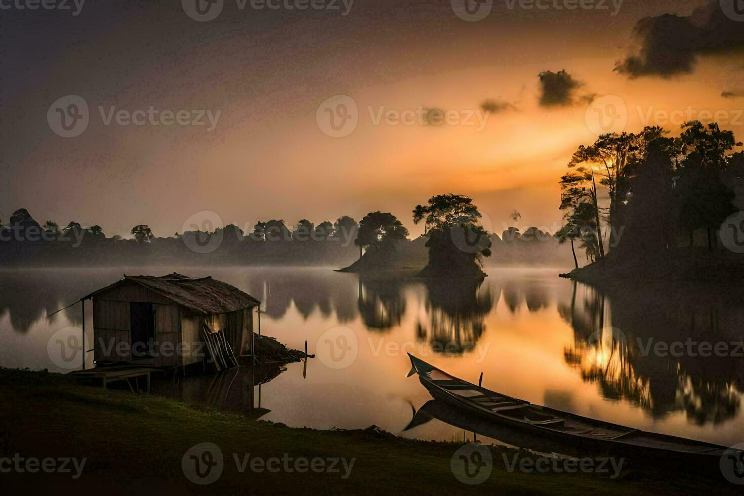 a boat sits on the shore of a lake at sunrise. AI-Generated photo