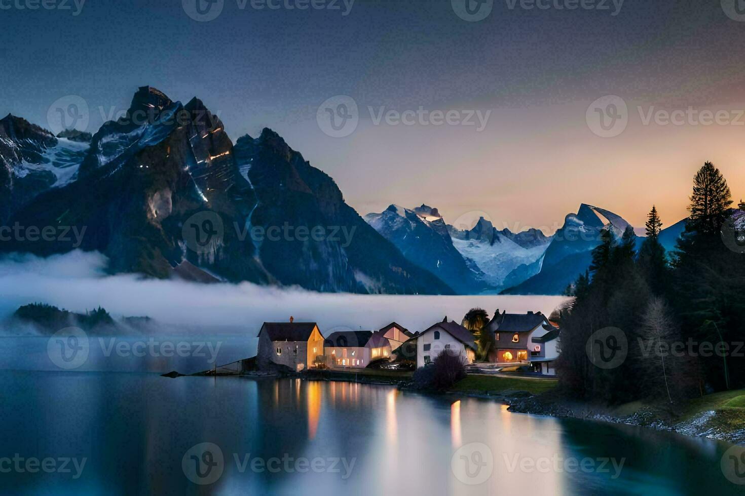 a lake and mountain range at sunset. AI-Generated photo