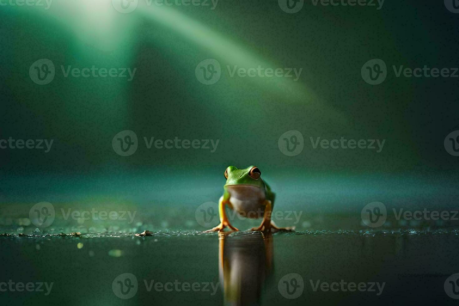 a frog sitting on the ground in the dark. AI-Generated photo