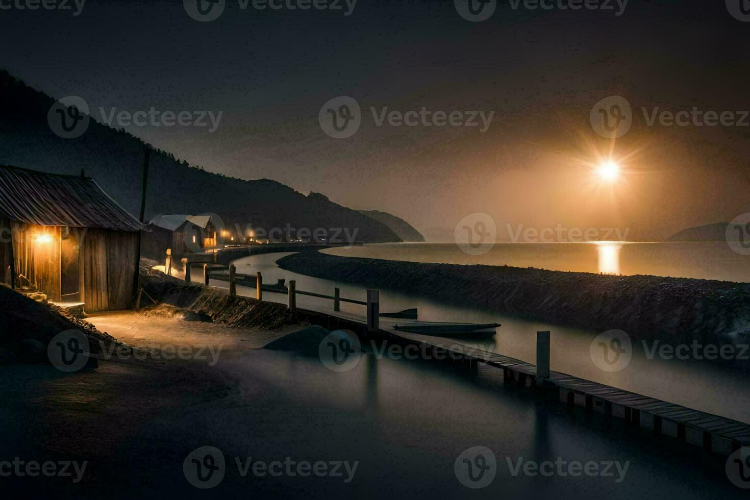 a boat dock and a house on the shore at night. AI-Generated photo