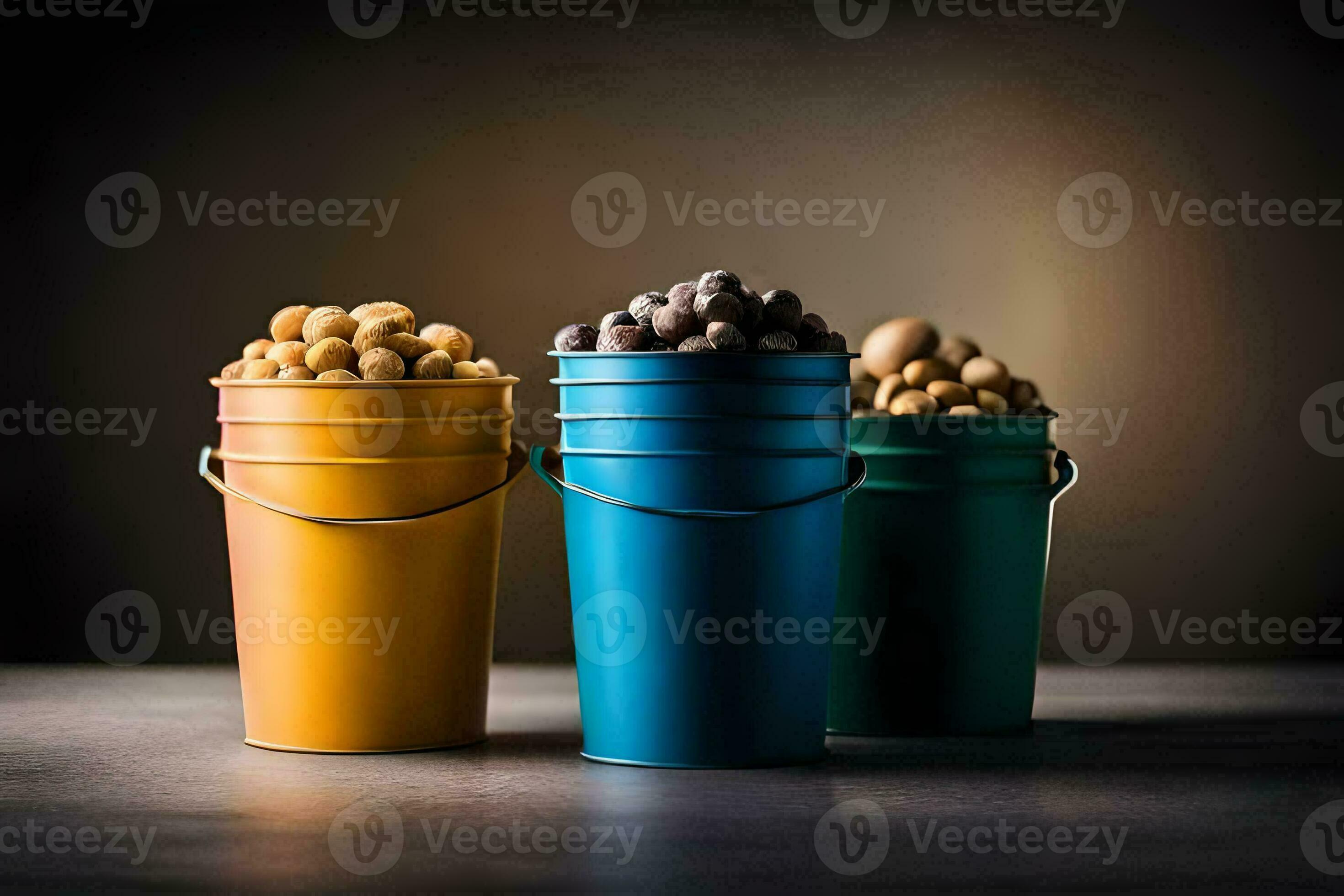 three buckets of nuts on a dark background. AIGenerated 33455604 Stock