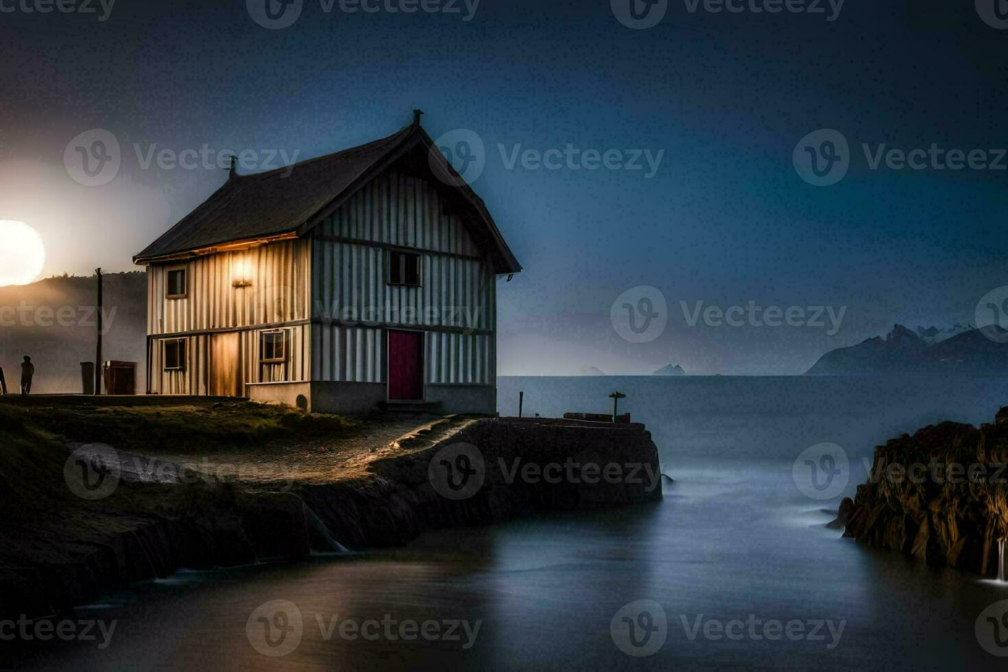 a house on the shore of a body of water. AI-Generated photo