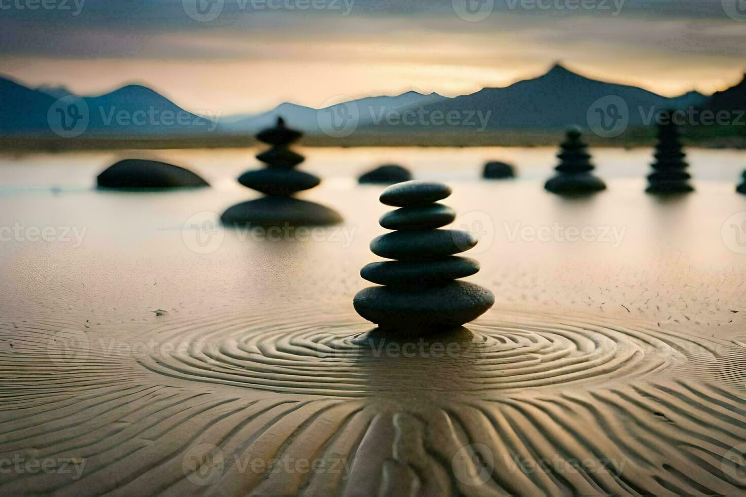 stacked rocks in the sand at sunset. AI-Generated photo