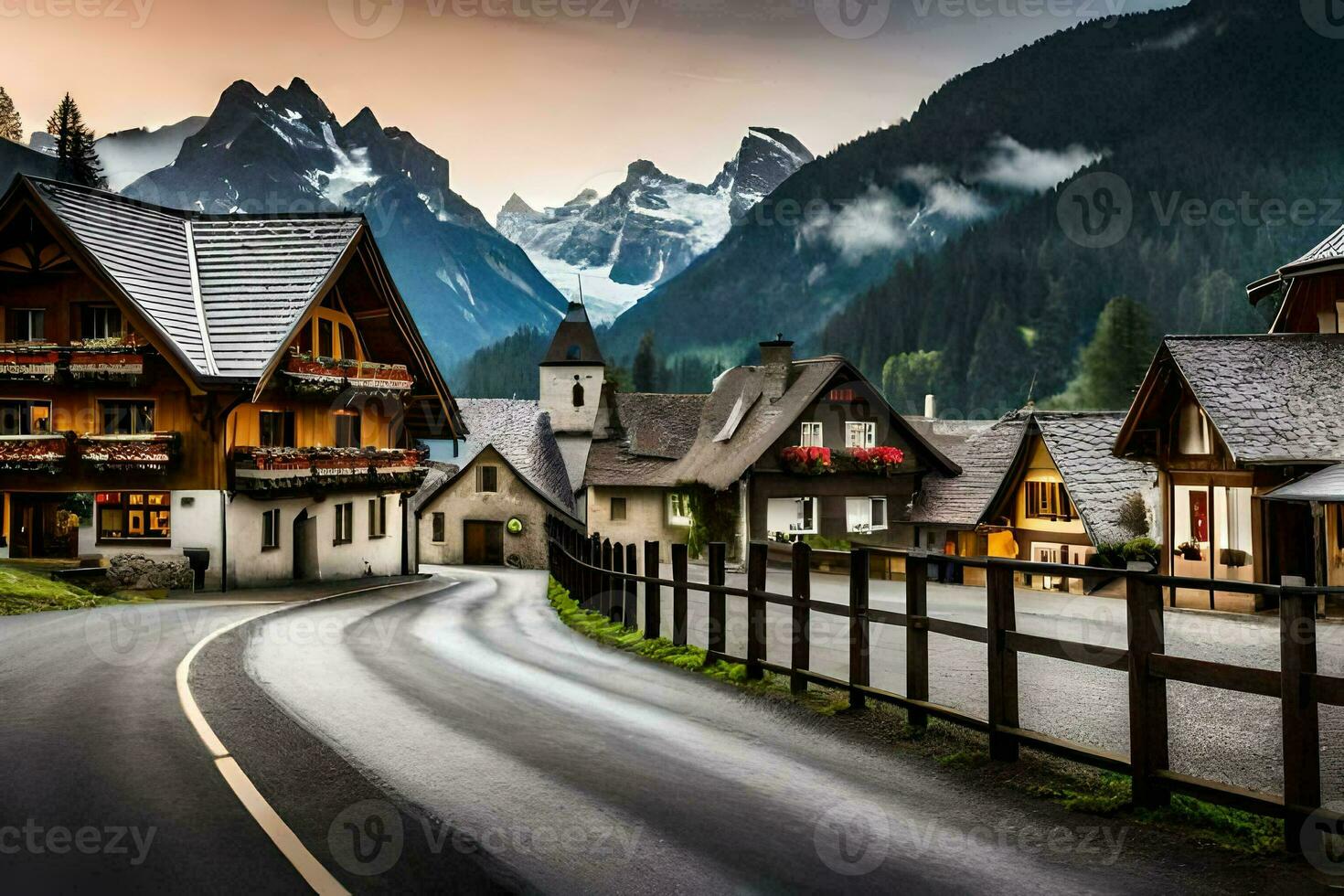 photo wallpaper the sky, mountains, road, houses, trees, mountains, road, houses,. AI-Generated