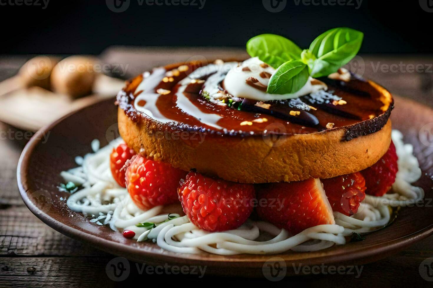 a dessert with strawberries and cream on a plate. AI-Generated photo