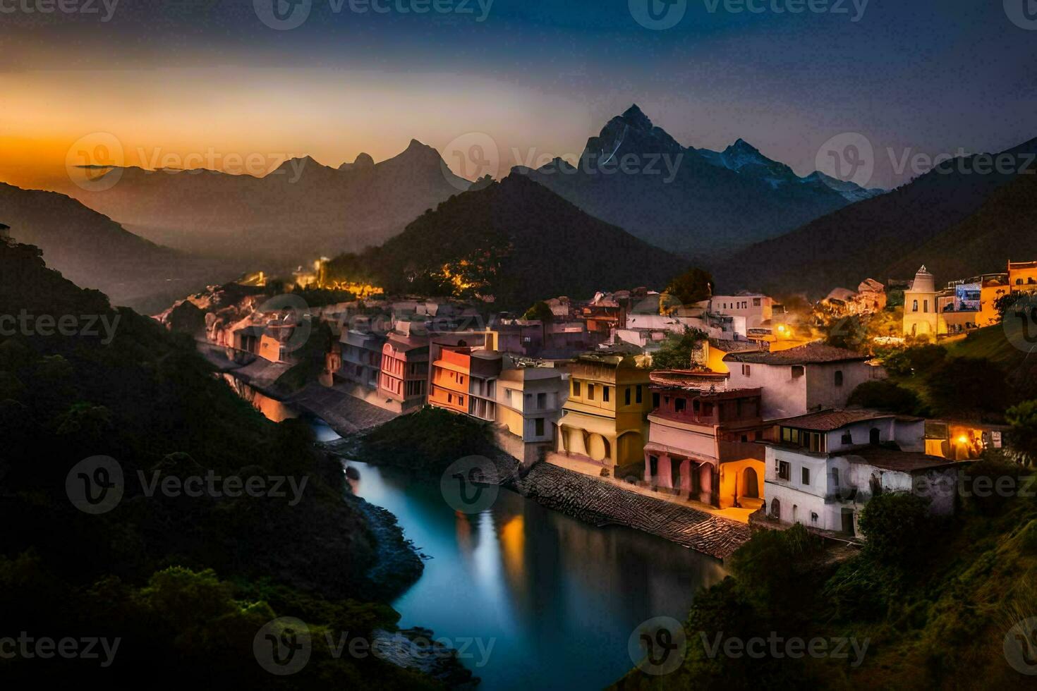 foto fondo de pantalla el cielo, montañas, río, aldea, atardecer, el ciudad, India,. generado por ai