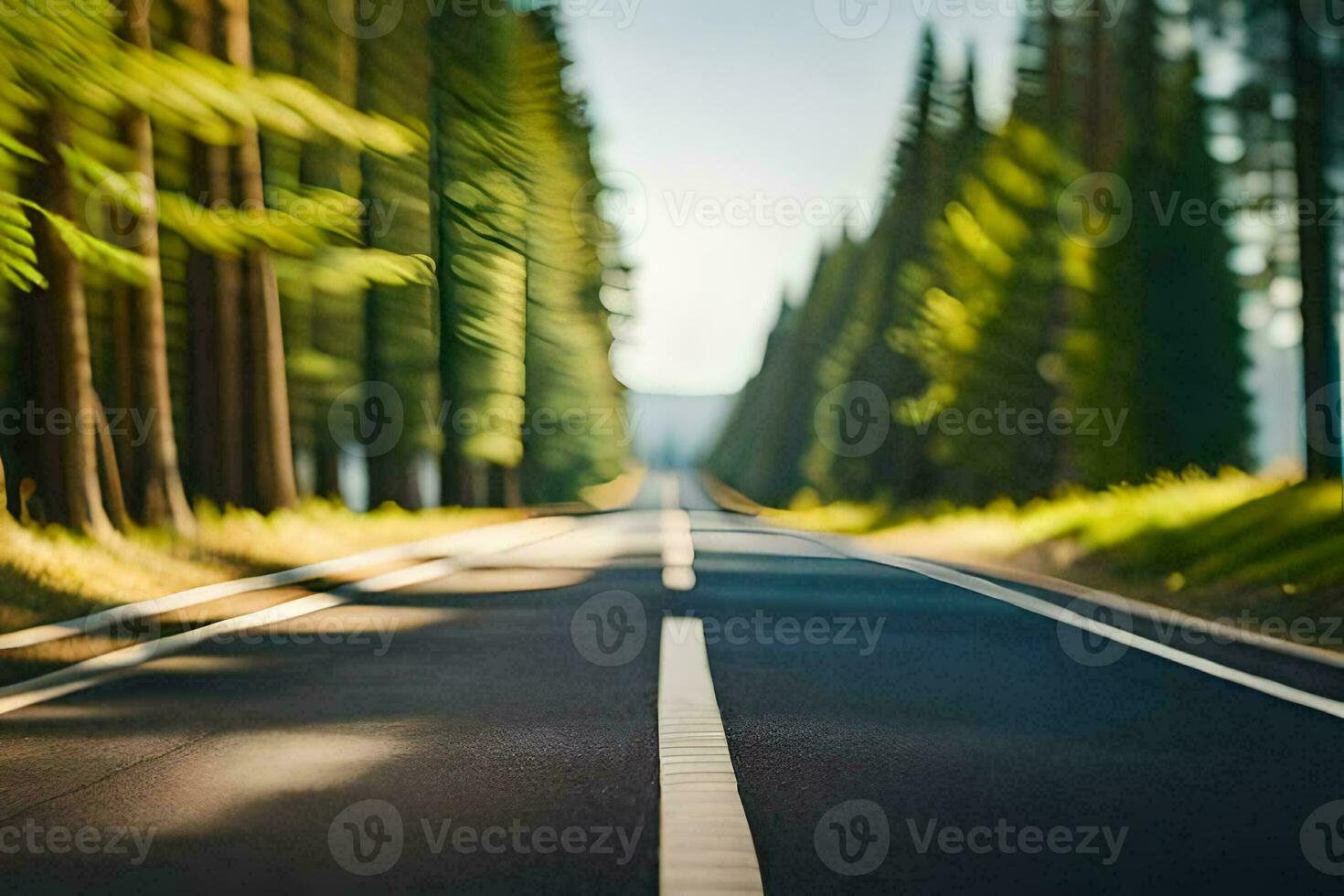 a road in the woods with trees and sun. AI-Generated photo