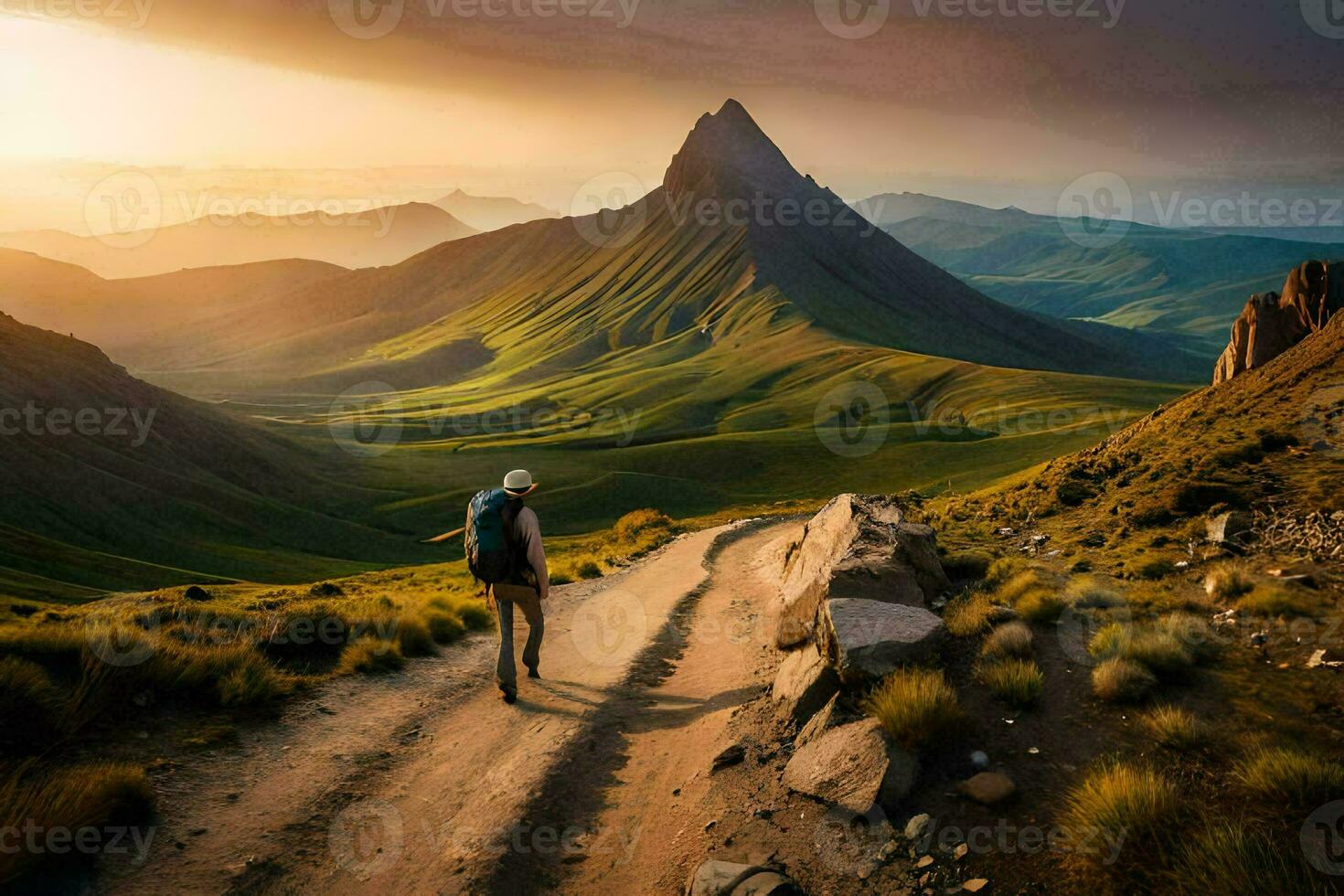 a man walks along a dirt road in the mountains. AI-Generated photo