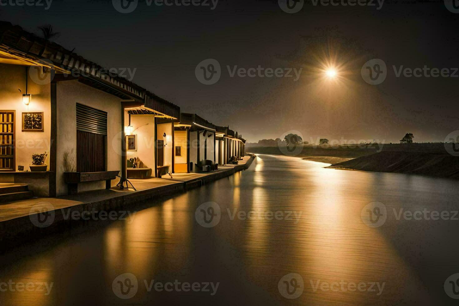 a river at night with houses and a moon. AI-Generated photo