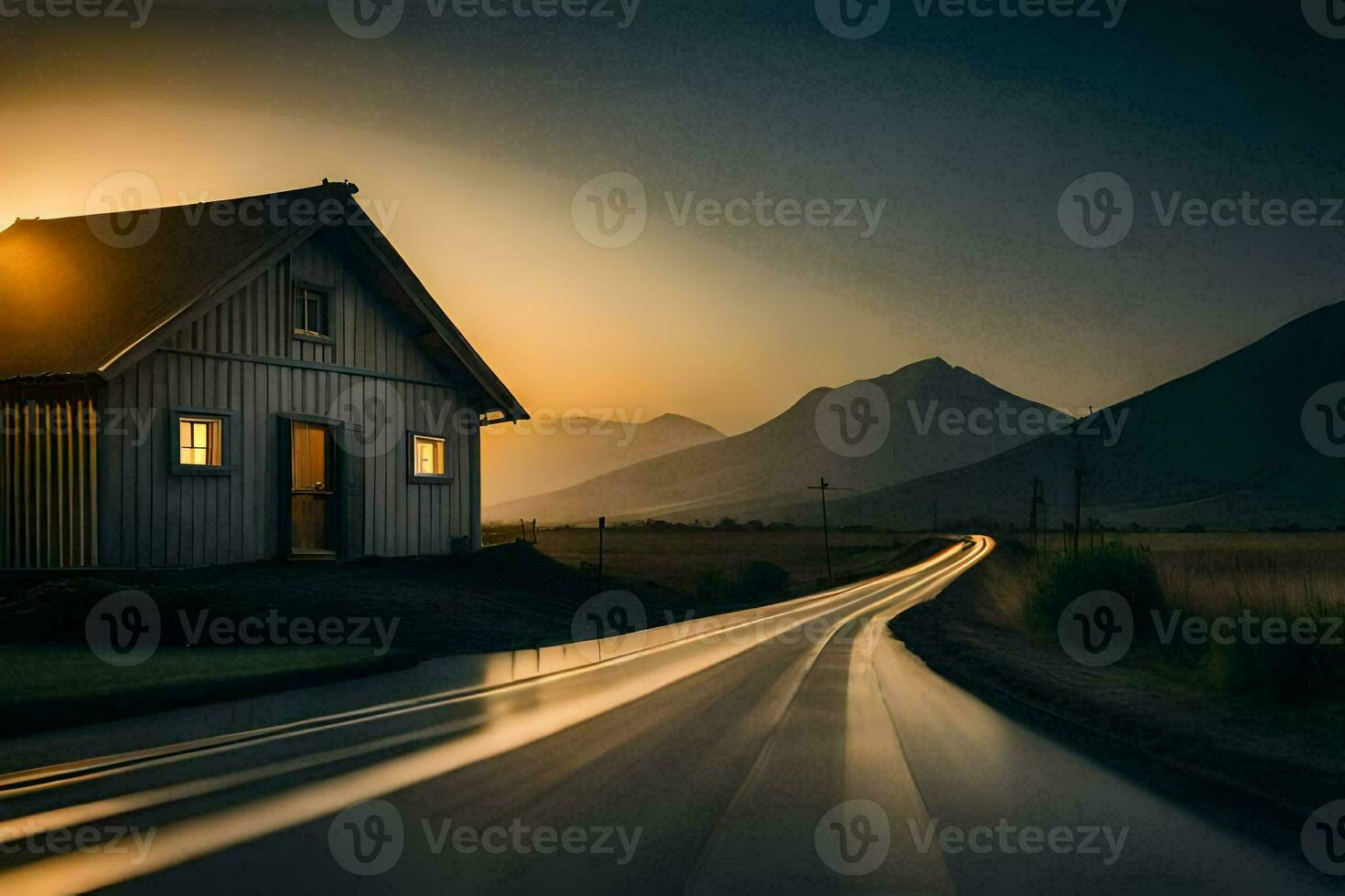 a house sits on a road in the middle of a field. AI-Generated photo