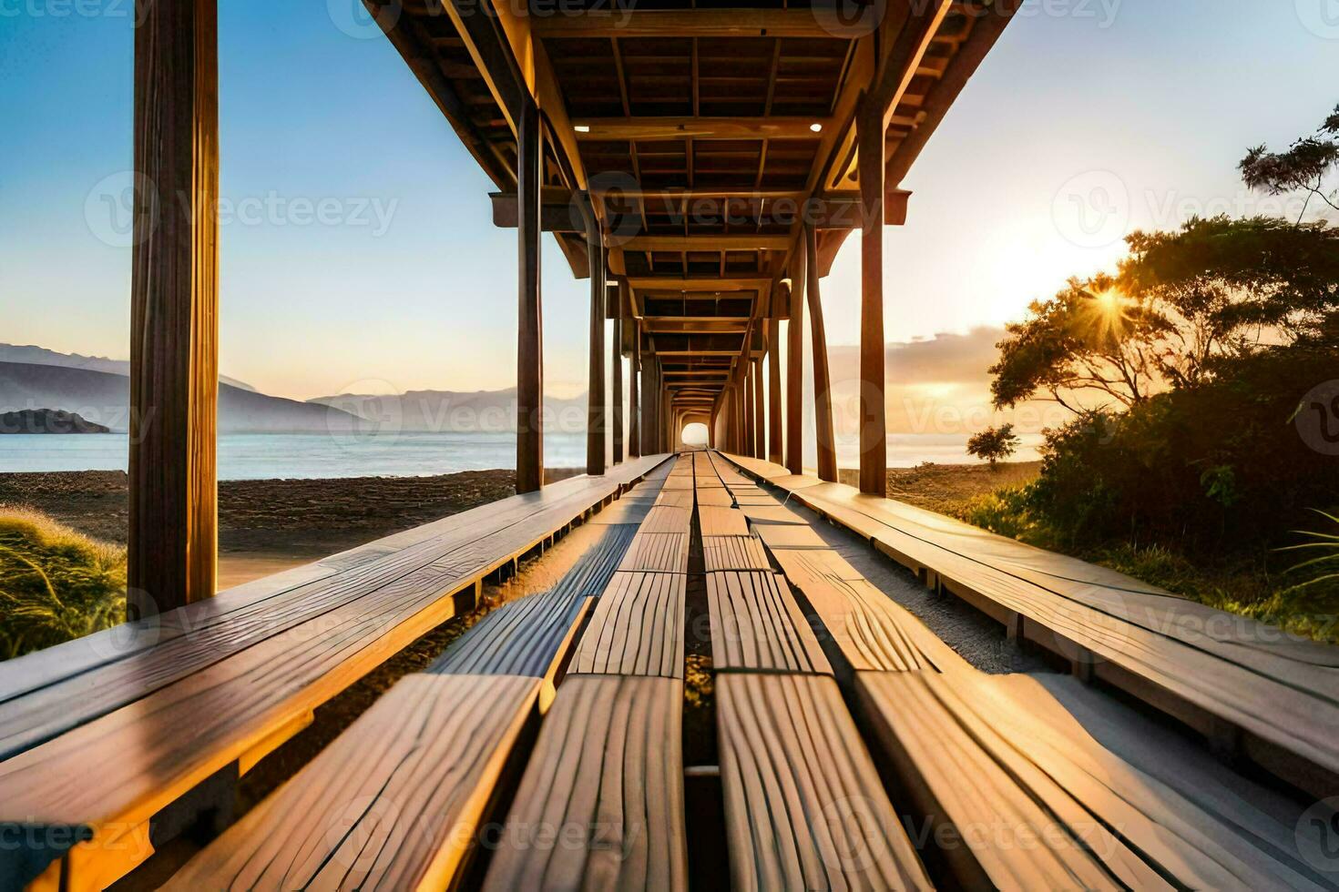 a wooden bridge leads to the ocean at sunset. AI-Generated photo