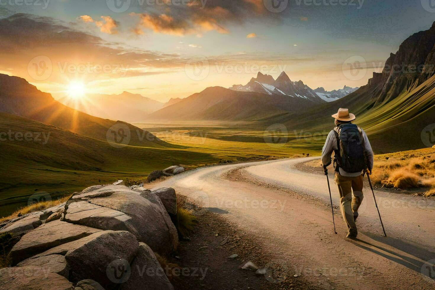 a man with a backpack and hiking poles walks along a road in the mountains. AI-Generated photo