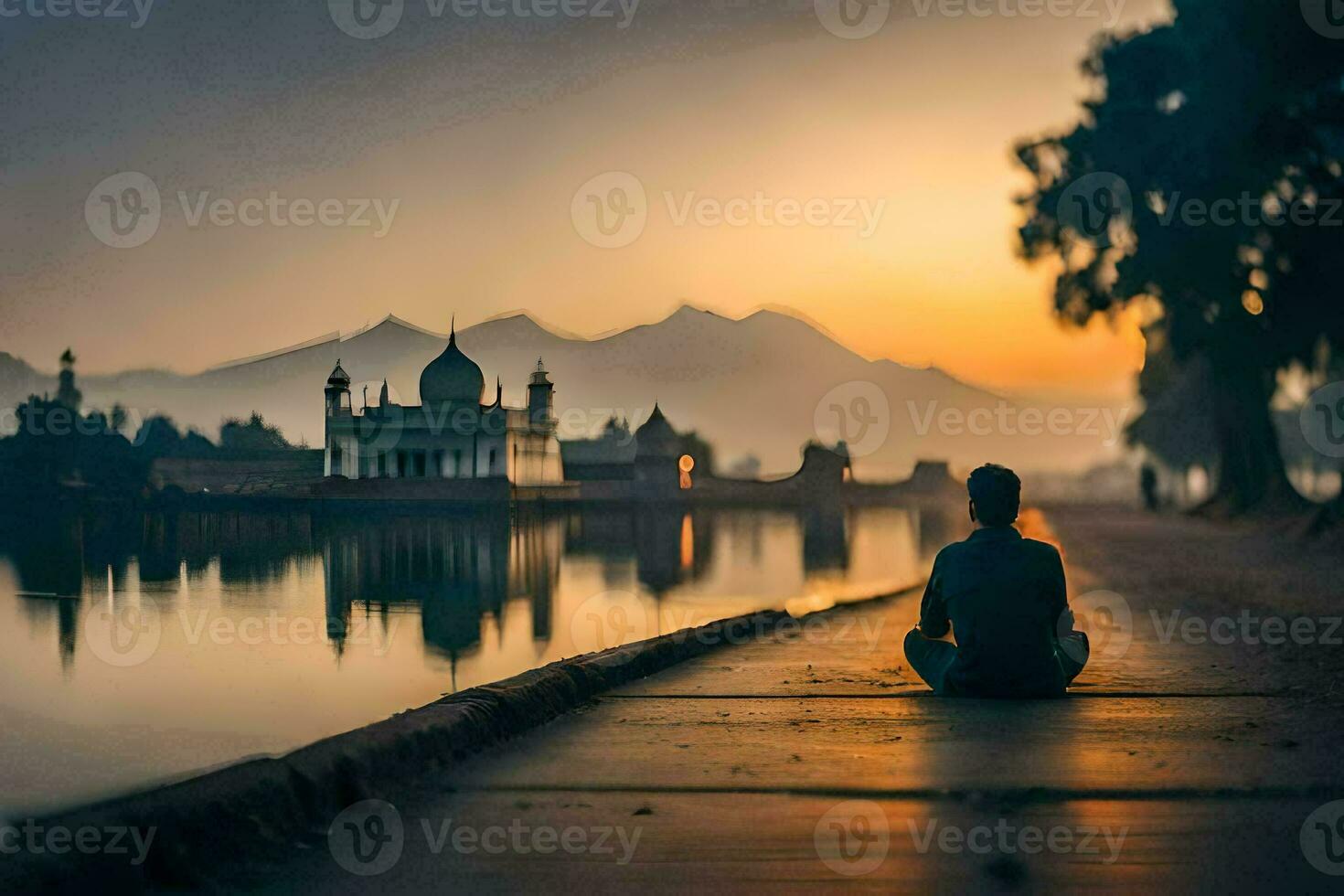 a man meditating in front of a lake at sunset. AI-Generated photo