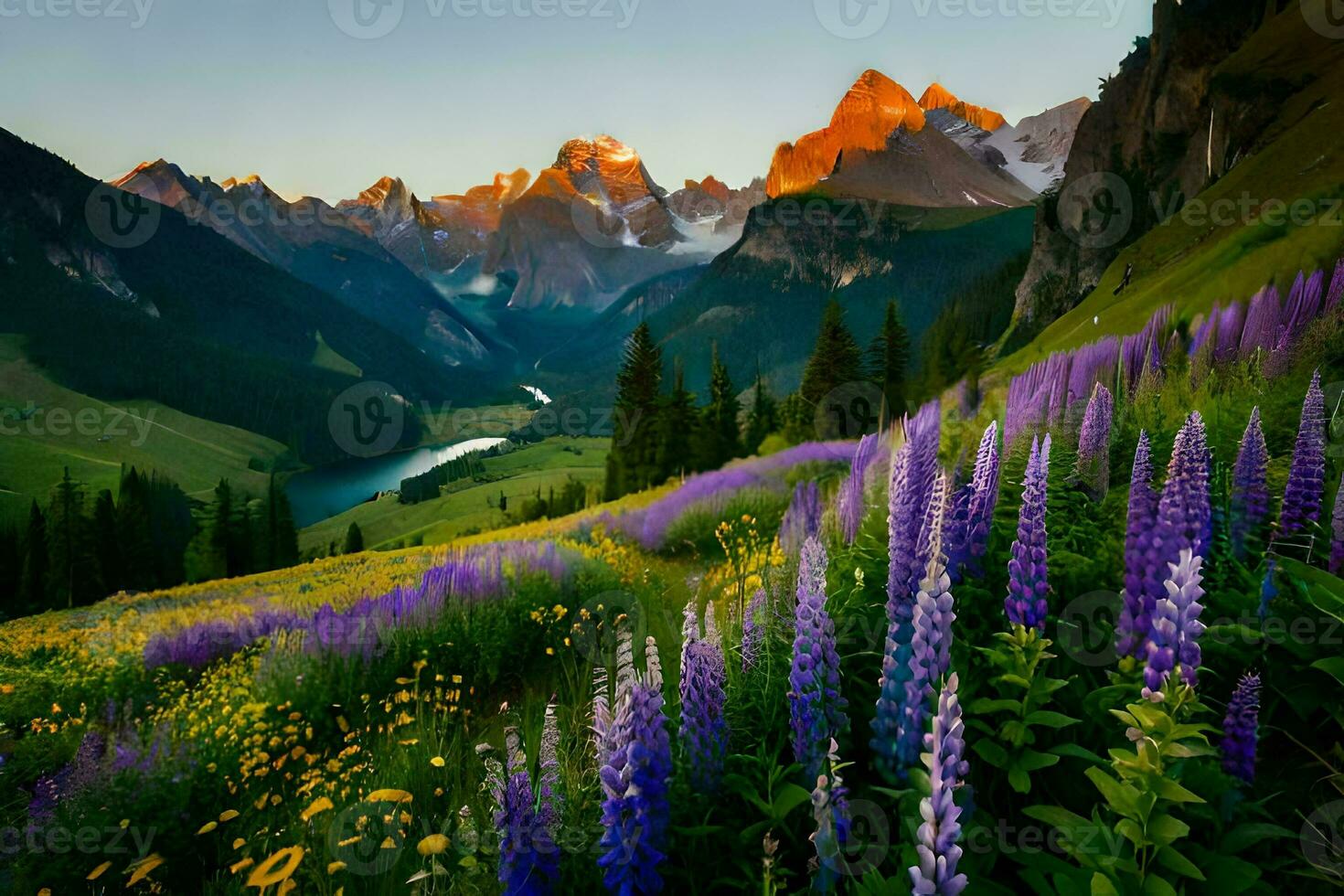 the sun rises over the mountains and the flowers bloom in the valley. AI-Generated photo